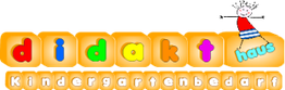Bunte Buchstaben: "didakt haus" mit fröhlichem Gesicht und Hinweis "Kindergartenbedarf".