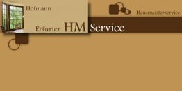 Braunes Logo mit Text "Hofmann Erfurter HM Service" und "Hausmeisterservice", Fensterbild links.
