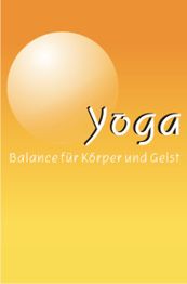Text "Yoga: Balance für Körper und Geist" vor orange-gelbem Hintergrund mit großem weißen Kreis.