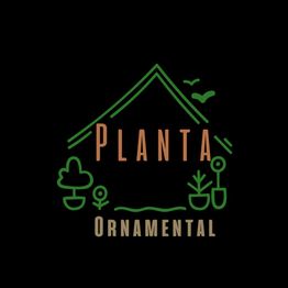 Logotipo con texto "Planta Ornamental" y dibujos de plantas en un fondo negro.