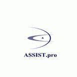 Logo mit blauem Schriftzug "ASSIST.pro" und abstrakter Grafik aus Linien und Punkten.