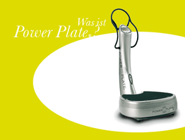 Power Plate Fitnessgerät auf grünem Hintergrund mit dem Text „Was ist Power Plate?“.