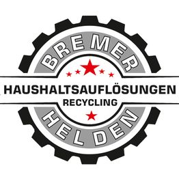 Logo mit Zahnrad und dem Text "Bremer Helden - Haushaltsauflösungen - Recycling" in Grau und Rot.