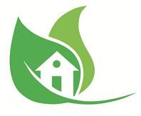 Grünes Haus-Logo mit Blattformen, die ein Gebäude umschließen, auf weißem Hintergrund.