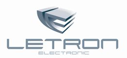 Logo von Letron Electronic, grau und blau mit stilisiertem Schildsymbol.