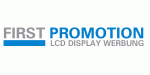 Logo: FIRST PROMOTION LCD DISPLAY WERBUNG in Grau und Blau auf weißem Hintergrund.