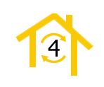 Gelbes Haus-Symbol mit der Zahl 4, umgeben von Pfeilen, die auf Recycling hinweisen.