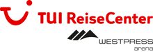 Logo von TUI ReiseCenter und Westpress Arena mit roten Buchstaben und stilisiertem Berg.