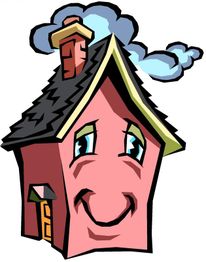 Illustration eines rosa Hauses mit Gesicht, das fröhlich lächelt und Rauchschwaden ausstößt.