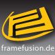 Gelbes Logo mit Buchstaben "F" und "E" auf grauem Hintergrund, unten die Webseite "framefusion.de".