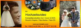 Plakat für Hochzeitsvideo mit Fotos von Brautpaar, Kamera und Kontaktinformationen.