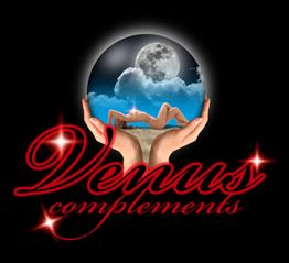 Manos sostienen una esfera con luna y nube; abajo texto rojo: "Venus complements".