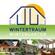 Wintergarten-Logo. Drei Beispiele von Wintergärten darunter, umgeben von Natur und Möbeln.