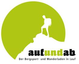 Logo eines Bergsportladens mit Bergsteiger-Silhouette vor grünem Kreis, Text: "auf und ab".