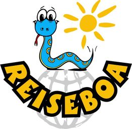 Comic-Schlange mit Sonne und Schriftzug "Reiseboa" auf Globus.