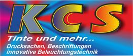 Buntes Logo mit den Buchstaben "KCS", darunter Texte zu Tinte, Drucksachen und Beleuchtungstechnik.