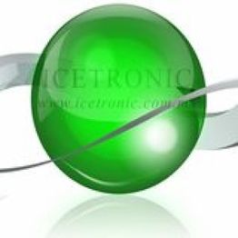 Esfera verde brillante con un lazo gris alrededor, fondo blanco.