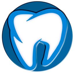 Dibujo de un diente blanco con borde azul sobre un fondo circular azul oscuro.