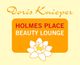 Logo der Holmes Place Beauty Lounge mit einer weißen Blume auf orangefarbenem Hintergrund.