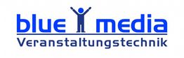 Blue Media Veranstaltungs­technik Logo mit stilisierter Figur in der Mitte.