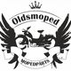 Logo mit Moped, Flügeln und Krone, Aufschrift: "Oldsmoped MOPEDPARTS".