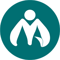 Logo abstracto blanco sobre fondo verde esmeralda.