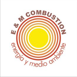Logo de E & M Combustión con círculos concéntricos naranjas y texto sobre energía y medio ambiente.