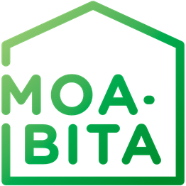 Logo verde con texto "MOA BITA" dentro de un contorno de casa.