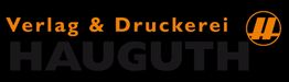 "Logo mit Text: Verlag & Druckerei Hauguth, schwarzer Hintergrund, orangefarbene und weiße Schrift."
