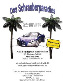 Plakat mit Auto, Palmen, Kontaktinfos und Werbetext für die Kfz-Werkstatt "Das Schrauberparadies".