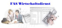 Zwei Personen am Tisch, Bildschirm voller Daten, Hände auf Tastatur, Text: "FAS Wirtschaftsdienst".