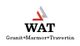 Logo mit rotem und grauem Symbol, darunter WAT, Text: "Granit+Marmor+Travertin".