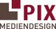 Logo von PIX Mediendesign in Rot und Braun.