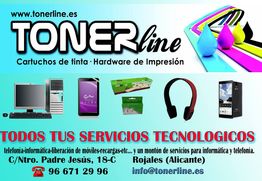 Anuncio de Tonerline con productos tecnológicos y datos de contacto en Rojales, Alicante.