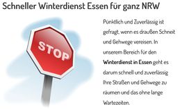 Stoppschild mit Text zu schnellem Winterdienst in NRW bei Schnee und Glatteis auf Gehwegen.