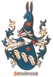 Wappen mit einem blauen Hasenkopf, roten Sternen und drei weißen Messern auf blauem Schild.