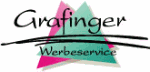 Logo mit Text "Grafinger Werbeservice", Hintergrund mit rosa und grünen Dreiecken.