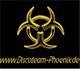 Gelbes Biohazard-Symbol auf schwarzem Hintergrund, darunter die Website „www.Discoteam-Phoenix.de“.