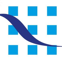 Blauwe golfvorm over negen blauwe vierkanten op een witte achtergrond.
