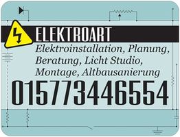 Schild von Elektroart mit Telefonnummer, Dienstleistungen: Elektroinstallation und Altbausanierung.