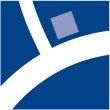 Abstraktes Logo mit blauen und weißen Linien und einem kleinen lila Quadrat.