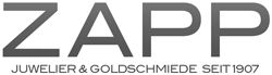 Logo von ZAPP, Juwelier & Goldschmiede seit 1907, in grauer Schrift auf weißem Hintergrund.