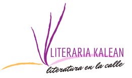 Logo con texto "Literaria Kalean, literatura en la calle" y líneas curvas en morado y naranja.