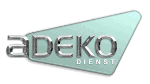 Logo mit dem Text "ADEKO Dienst" in silberner Schrift auf einem grünen, dreieckigen Hintergrund.