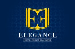Logotipo azul com a letra "E" amarela estilizada e texto "Elegance Portas e Janelas de Alumínio".