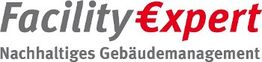 Logo mit Text: "Facility €xpert, Nachhaltiges Gebäudemanagement", in Grau und Rot.