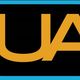 "AQUAJA-logo: oranje letters op zwarte achtergrond met blauwe rand."