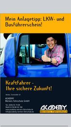 Ein Mann zeigt Daumen hoch aus einem blauen LKW. Text: "Kraftfahrer - Ihre sichere Zukunft!".