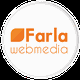 Rond logo met oranje tekst 'Farla webmedia' en een oranje bladmotief linksboven.