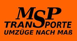 Schwarzer Text "MSP Transporte, Umzüge nach Maß" auf orangefarbenem Hintergrund.